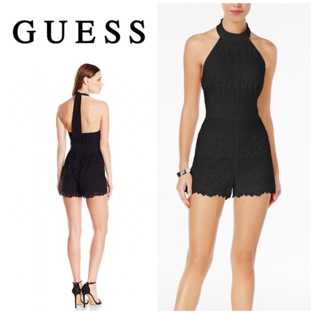 Guess black lace halter top romper